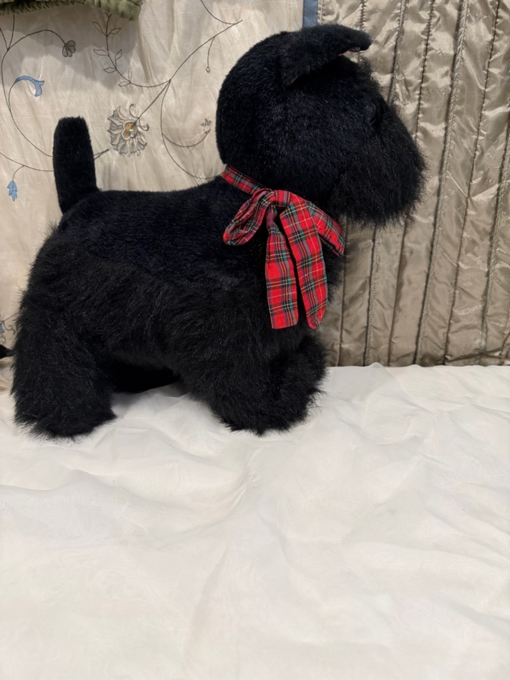 Plush Black Scottie Dog Toy with Red Plaid Bow